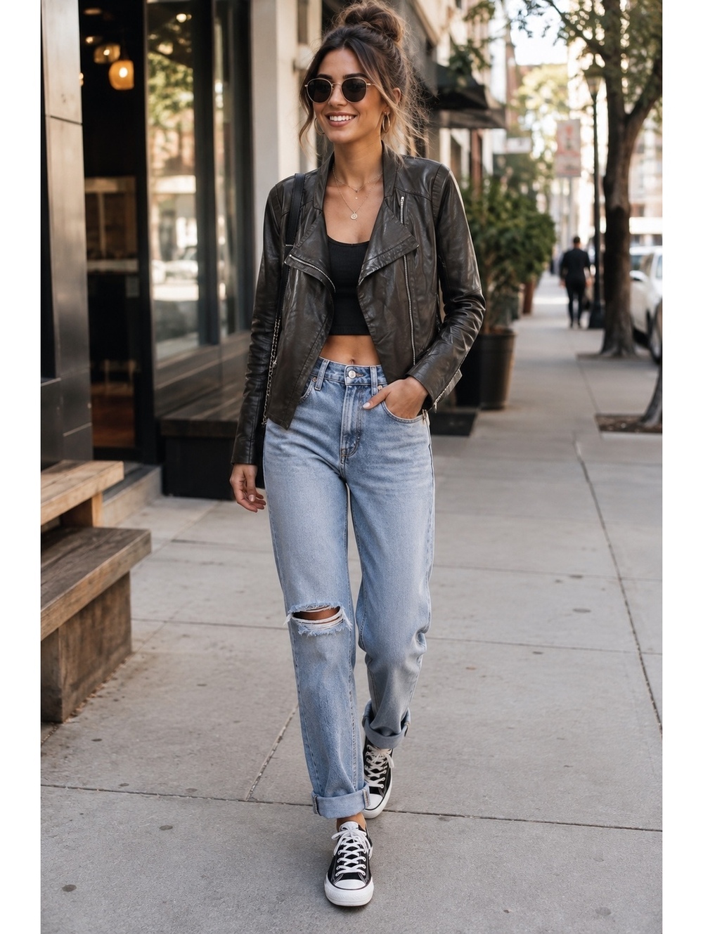Trouvé XS Black Leather Moto Jacket Stretch Knit Panels Asymmetrical Zip